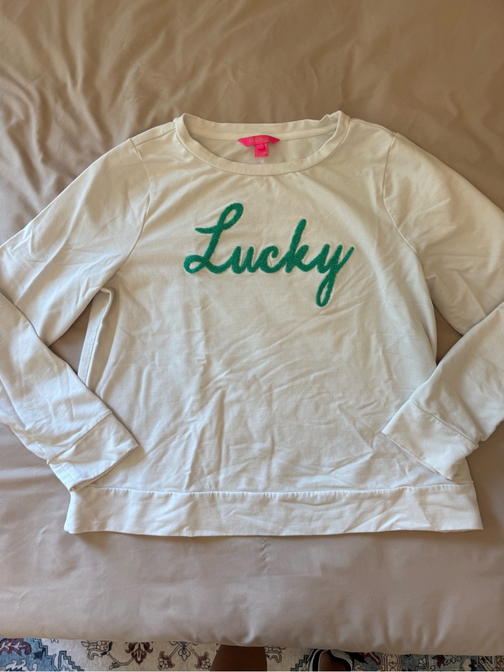 Lilly Pulitzer White Rami Sweatshirt with Green "Lucky" Script